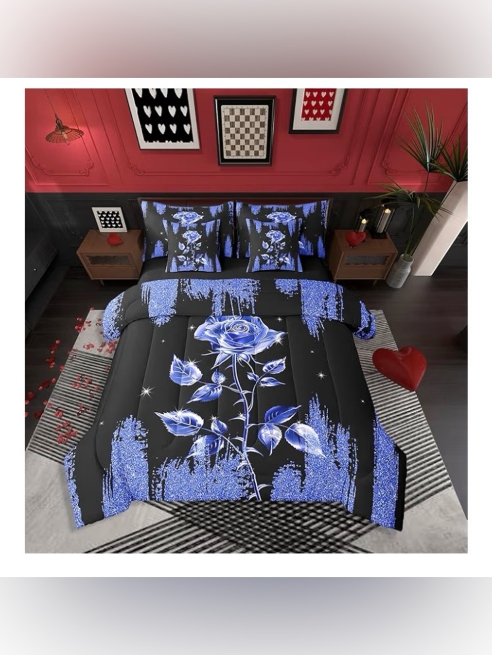 Erosebridal Black Indigo Print Shiny 7 Pcs Comforter Set Full,SEALED PACKAGE